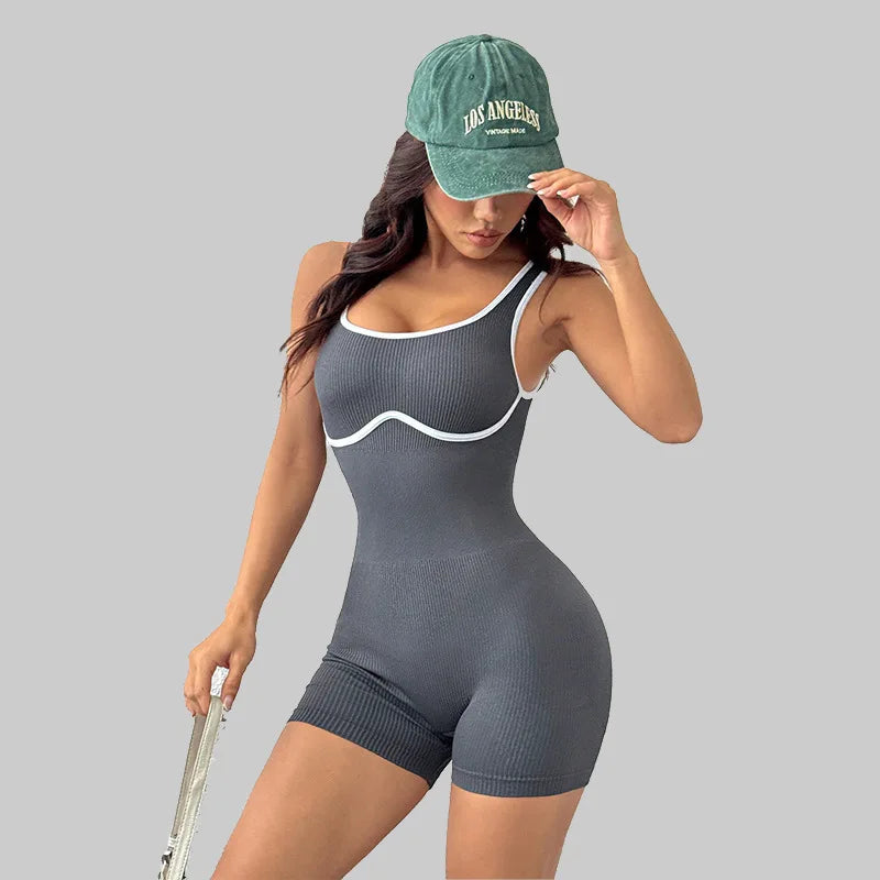 Seamless Ribbed Yoga Set for Running Dancing Fitness Color Blocked Jumpsuit