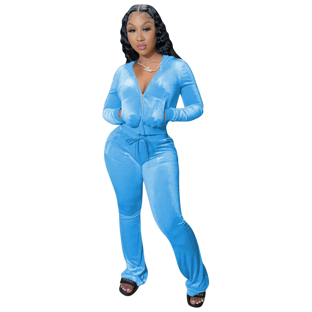 Hot Sale Fall Women's hoodie Set Zipper Pocket Crop Top Jacket Velvet Jogging suit Velour tracksuits Women Two Piece set