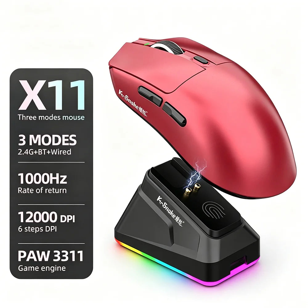 KEBIDUMEI X11 PAW3311 Tri-Mode Wireless Mouse 12000 DPI Gaming Mouse RGB Touch Magnetic Charging Base Bluetooth /2.4G/Wired Mice