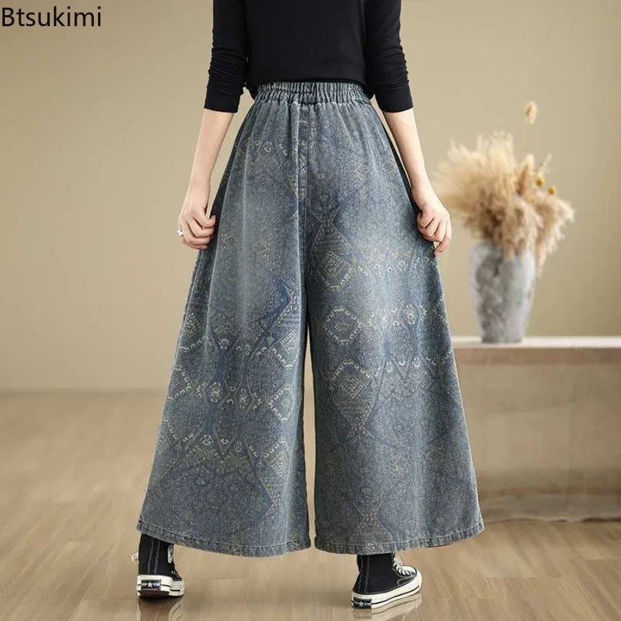 2026 Women's High Waist Wide Leg Jeans Loose Casual Straight Fit Trousers Elastic Waist Spring Autumn Vintage Print Denim Pants