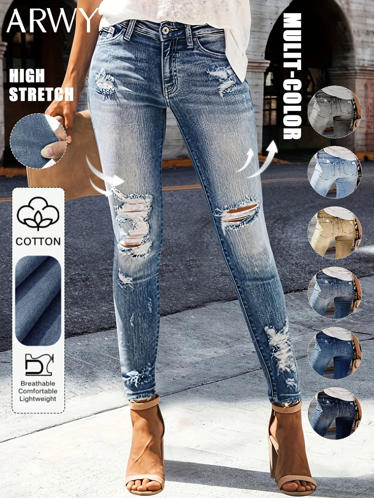 Women's Casual Elegant Party Solid Color Washed Cat Whisker Pattern Denim Ripped Skinny Jeans Tapered Pants Simple Daily Wear