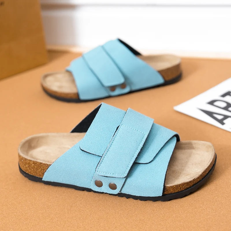 Men Women Clogs Suede Leather Cork Slippers Comfort Footbed Adjustable Open Shoes Slide Sandals Indoor Home Outdoor for Couples