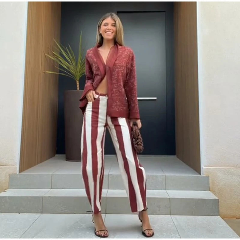 Soft Denim Button‑Front Curved‑Cut Jeans Slim‑Fit  Striped 2026 Summer Casual Women Denim Pants Fashion Versatile Lady Trousers