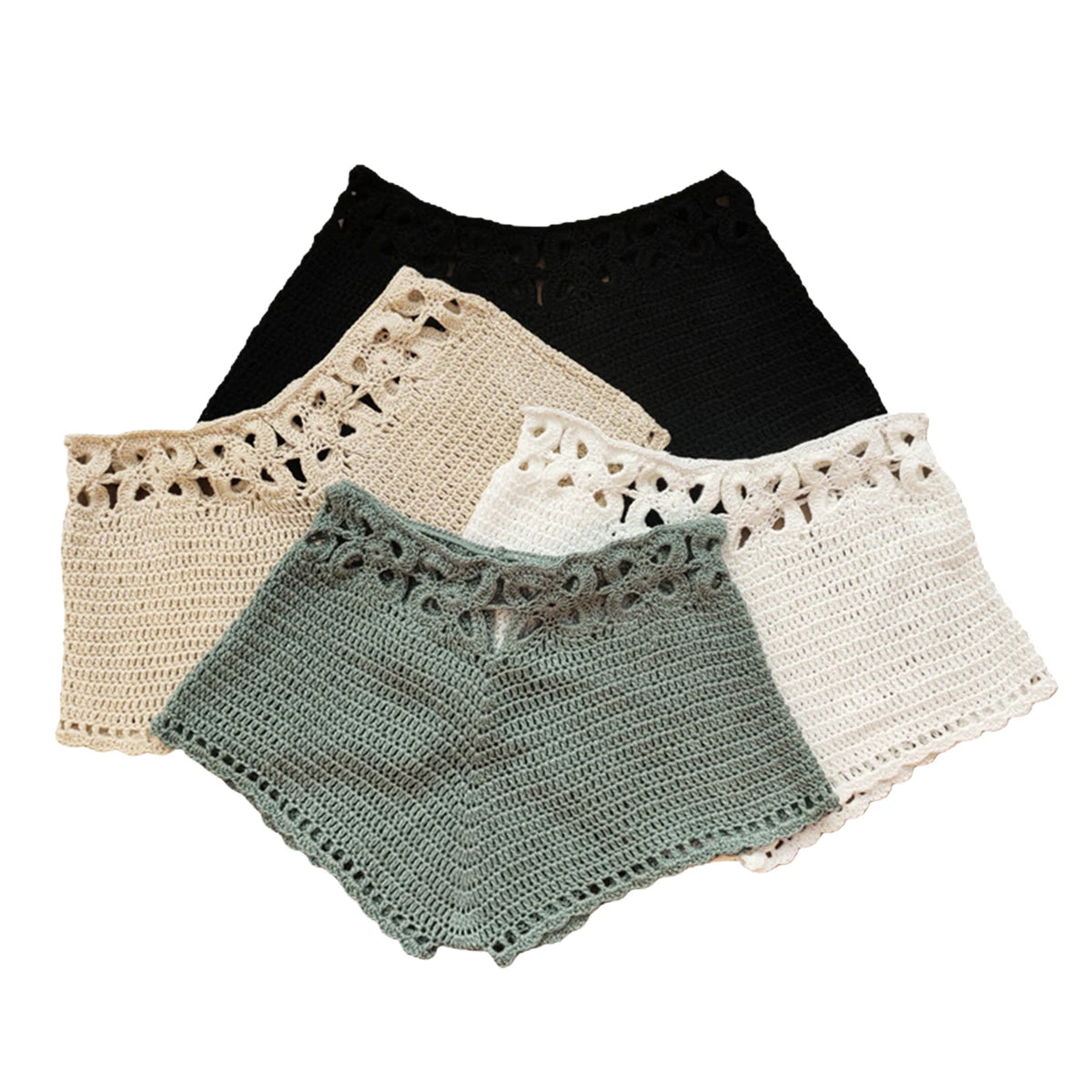 Summer Women Vintage Crochet Cutout Swim Shorts Bathing Suit Bottoms Drawstring Beach Board Shorts Swim Beach Boho Shorts