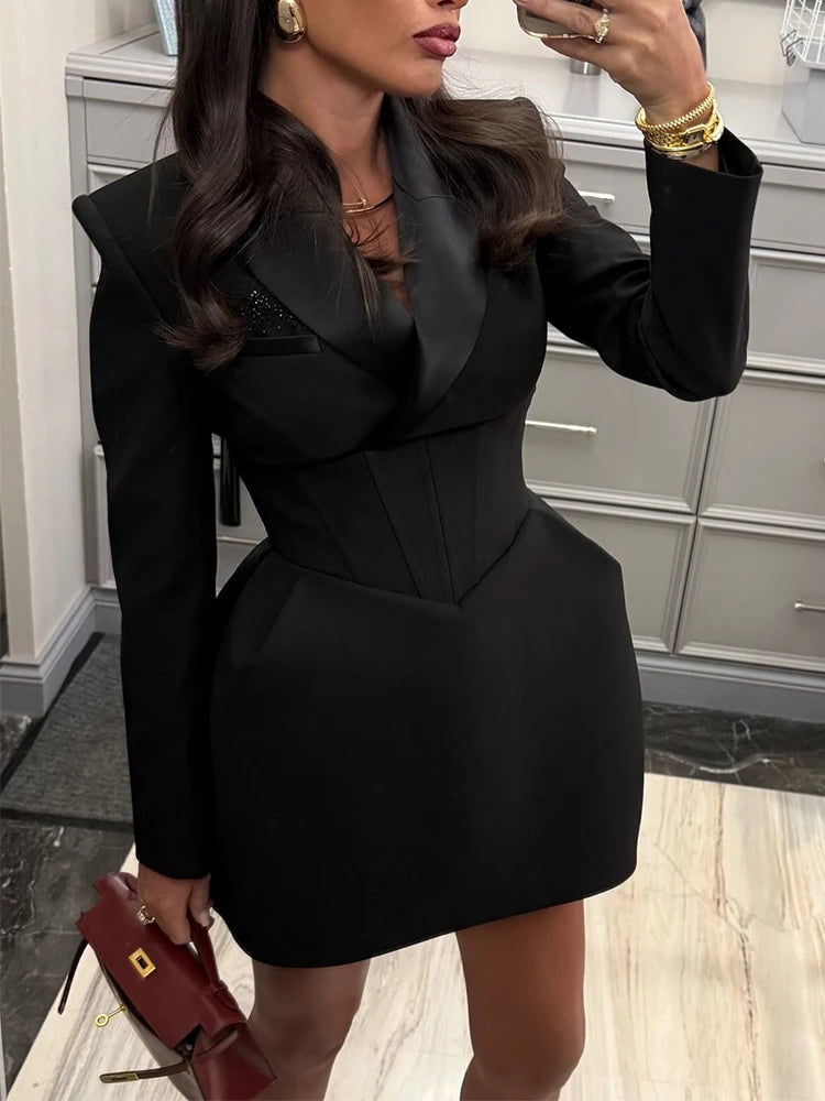 Women Solid Waist-cinching Blazer Mini Dress Chic Full Sleeve V-neck Slim Dresses Sexy 2026 Lady Daily Commute Office Vestidos