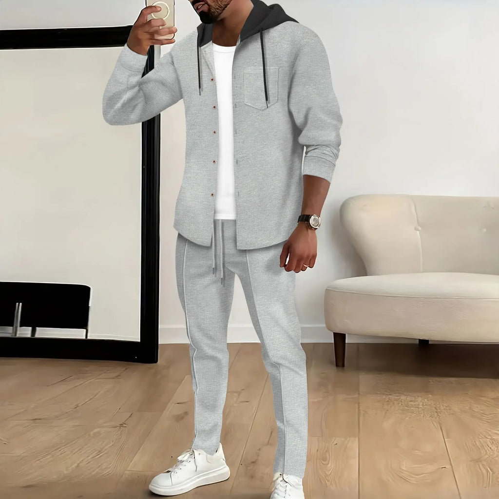 Men's American Autumn Waffle Casual Hooded Color-blocking Long-sleeved Cardigan Jacket And Trousers Set