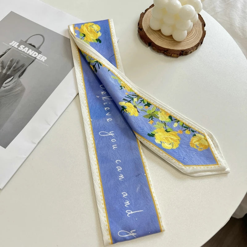 New Long Bag Scarf Women Hair Band Lady Accessories Print Skinny Scarves Headband Satin Ribbon Neck Tie Decorative Bag Scarves