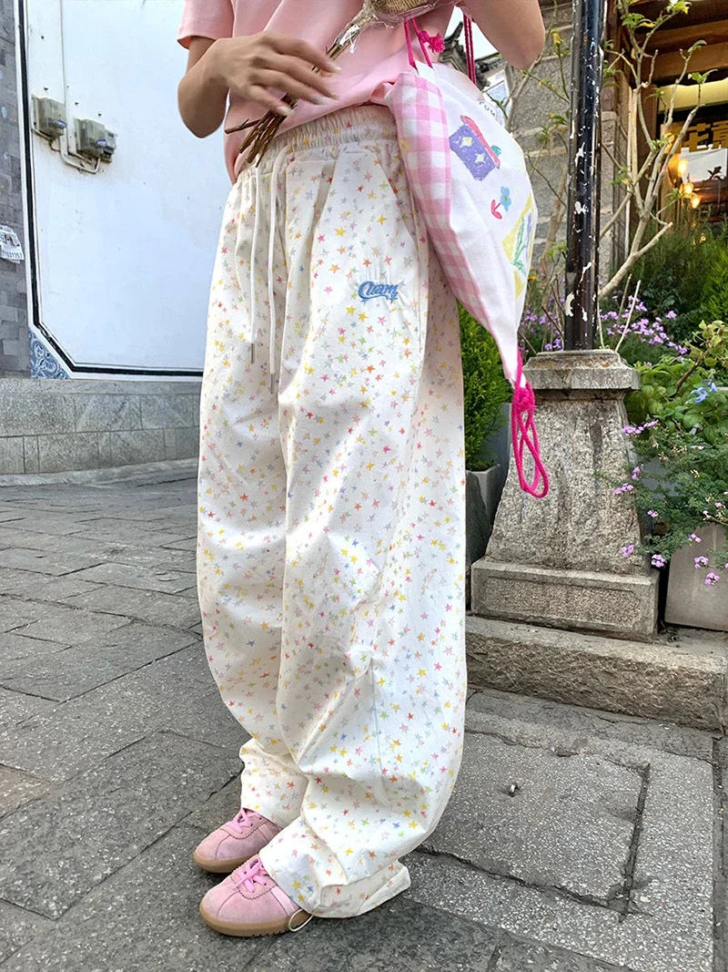 Korean Vintage Stars Print Letter Cargo Pants Women Fashion High Waist Wide Leg Trousers Casual Loose Preppy Style Female Pants