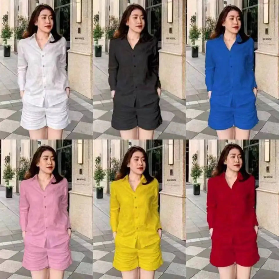 2025 Summer Cotton Linen Casual Shirt Two Piece Set For Women Shorts 2 Piece Sets Outfit Long Sleeve Short Sets Outfits Home