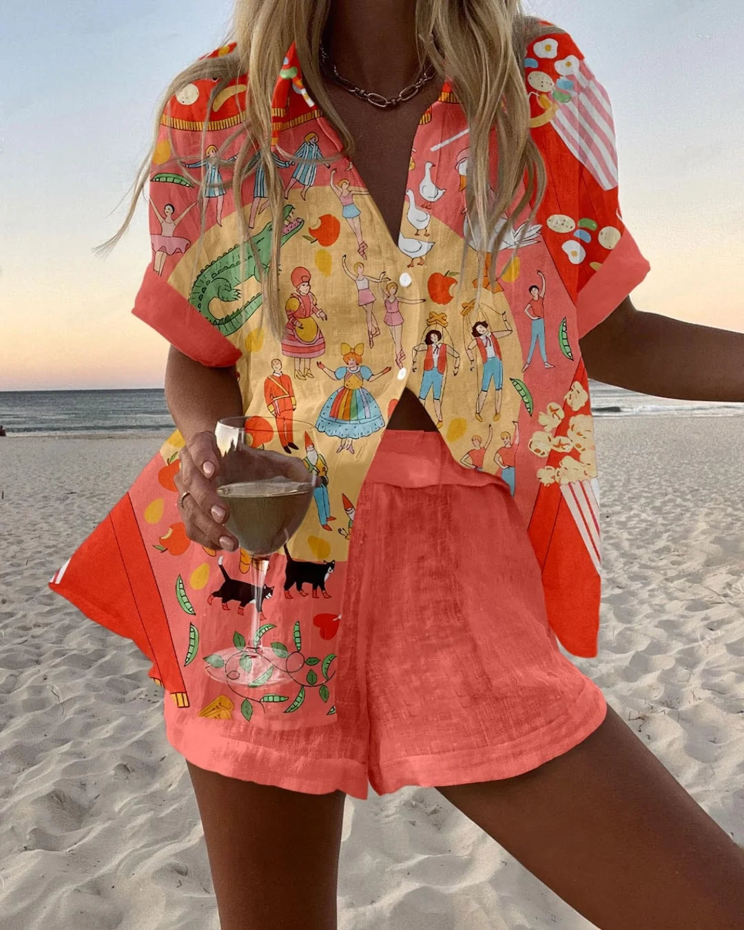 Summer Women's Print Beach Holiday Two-Piece Set Fashion Short Sleeve Buttoned Shirt with Wide Leg Shorts Casual Outfit