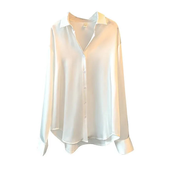 Fall Turn-down Collar Elegant Satin Loose Women Shirt 2026 Plus Size Blouse Autumn Vintage Casual Button Silk Tops