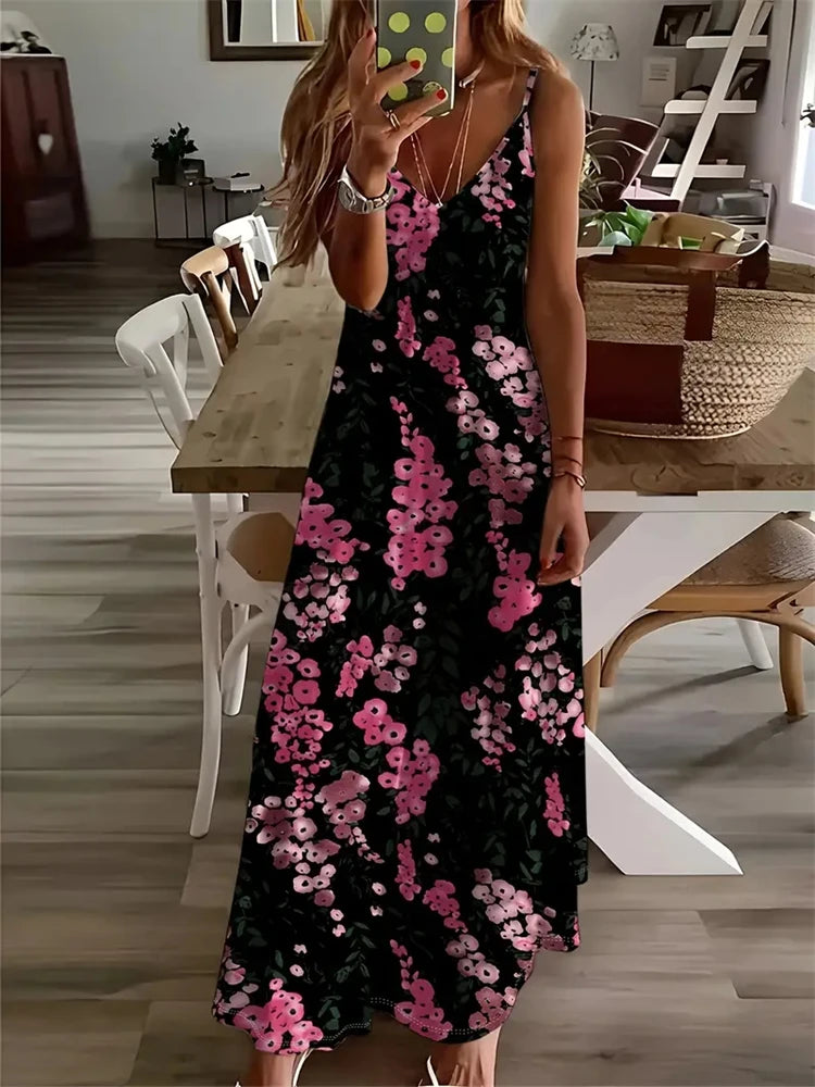 2024 New Women's Vintage Print Sleeveless Floor-Length Sundress Fashion V-Neck Slip Dress Bohemia Casual Loose Holiday Clothing