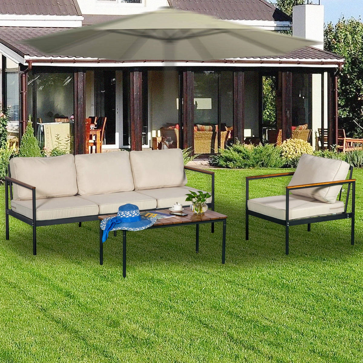 Black Three-seater Villa Courtyard Leisure Sun Terrace Outdoor Sofa Combination Outdoor Furniture Sofa