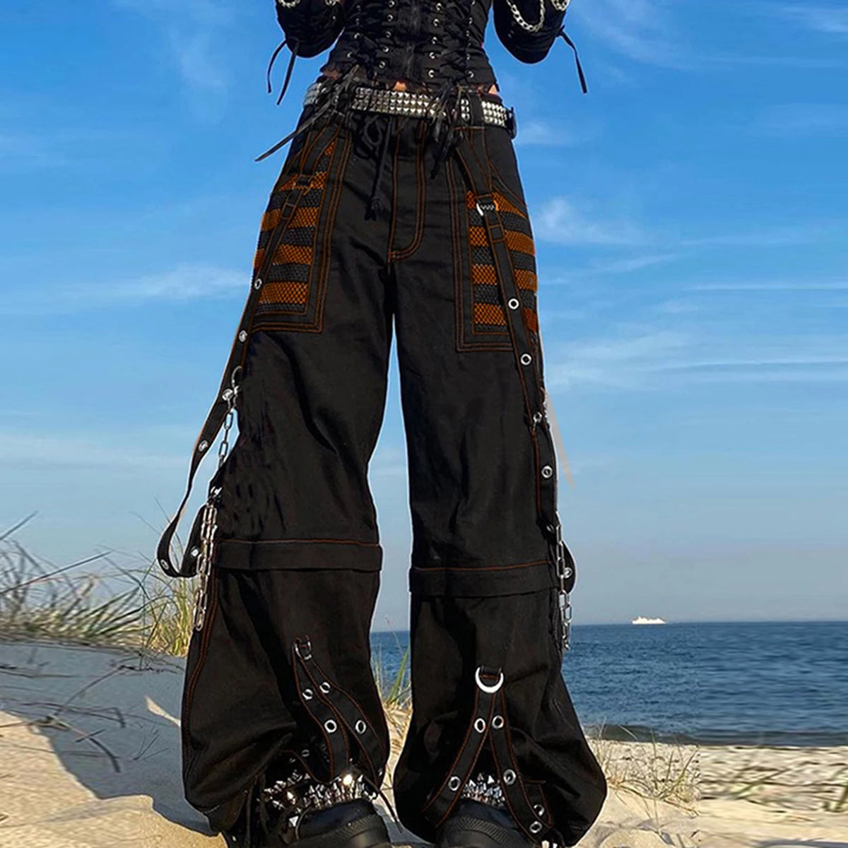 Women's Striped Cargo Jeans with Pockets