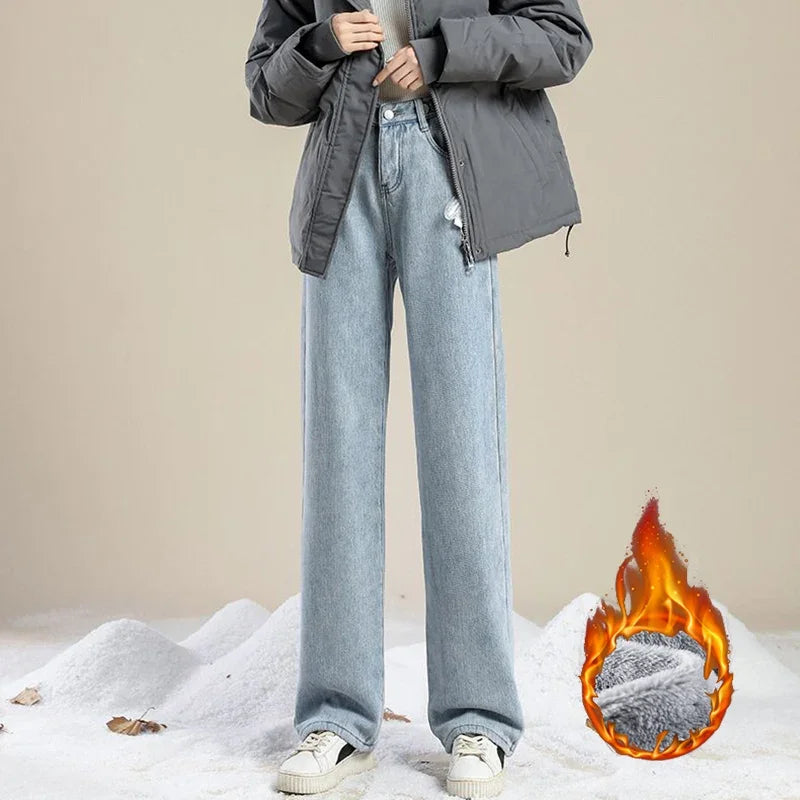 Hot Sale Winter Lady Thermal Plush High Waist Jeans Girls Snow Warm Denim Pants Women Classic Fleece Straight Leg Trousers