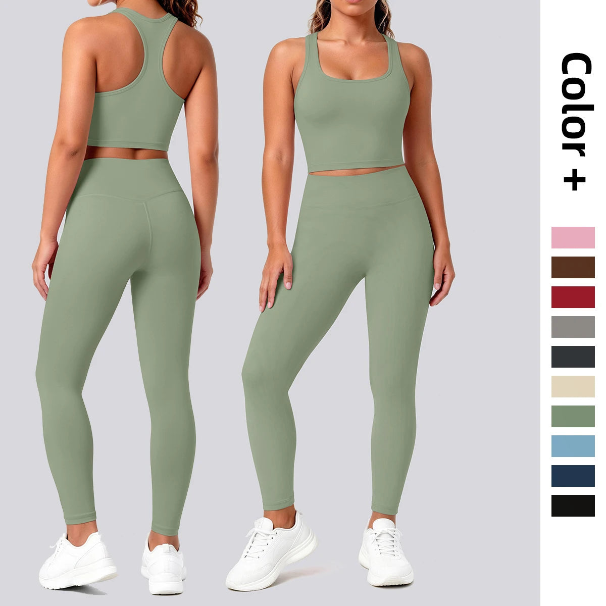 2PCS Solid Color Yoga Set for Woman's Gather Beautiful Back I-shaped Vest Shock-absorbing Running Yoga Tank Top Push Up Pants