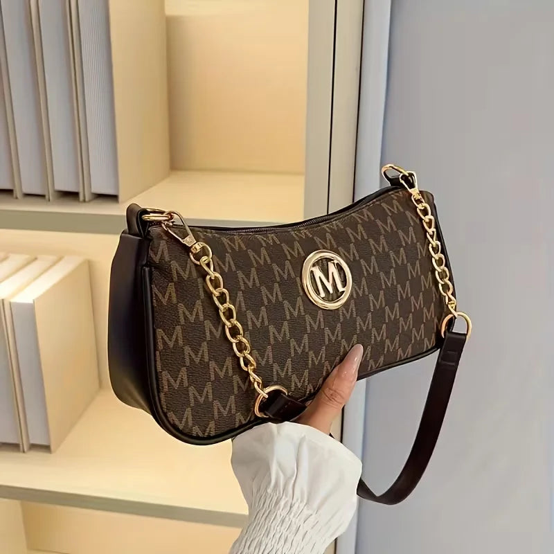 Women Vintage M Monogram Shoulder Bag Gold Chain PU Leather Crossbody Baguette Bag Casual Underarm Handbag For Ladies Daily Use