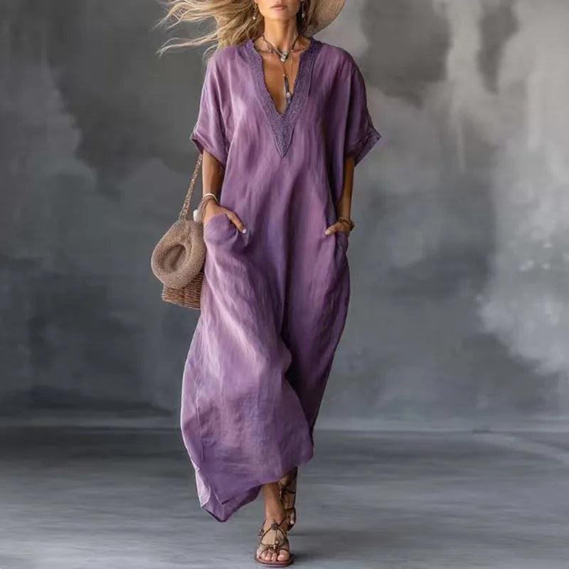 Women's Summer Boho Maxi Dress Spring V-Neck Lace Trim Short Sleeve Kaftan Dress Casual Loose Pocket Vacation Long Dress Vestido
