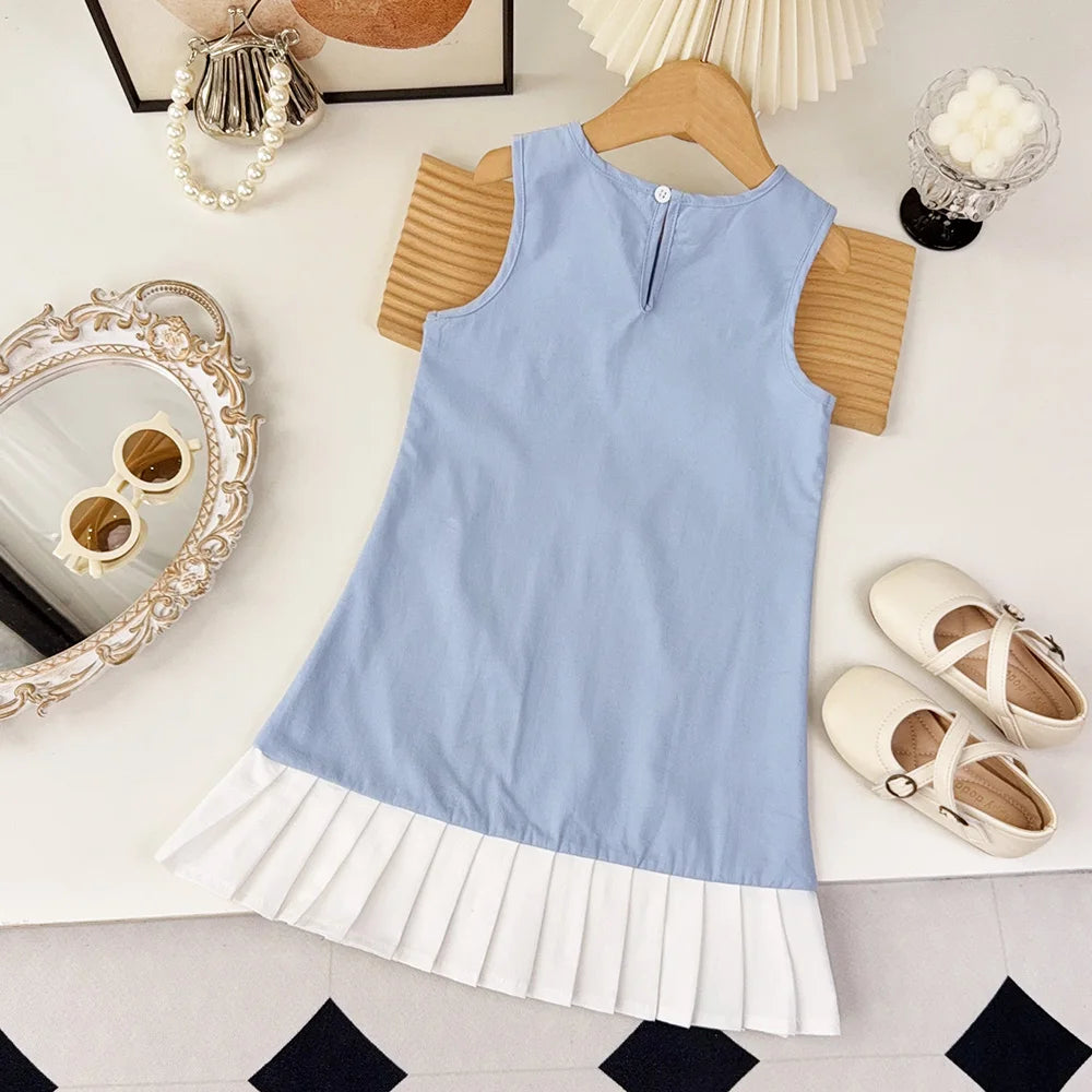 Black Bow Decoration Girls Dress Summer Sleeveless Princess Dresses Color Blocked Children's Clothing 3 To 7 Years Wear
