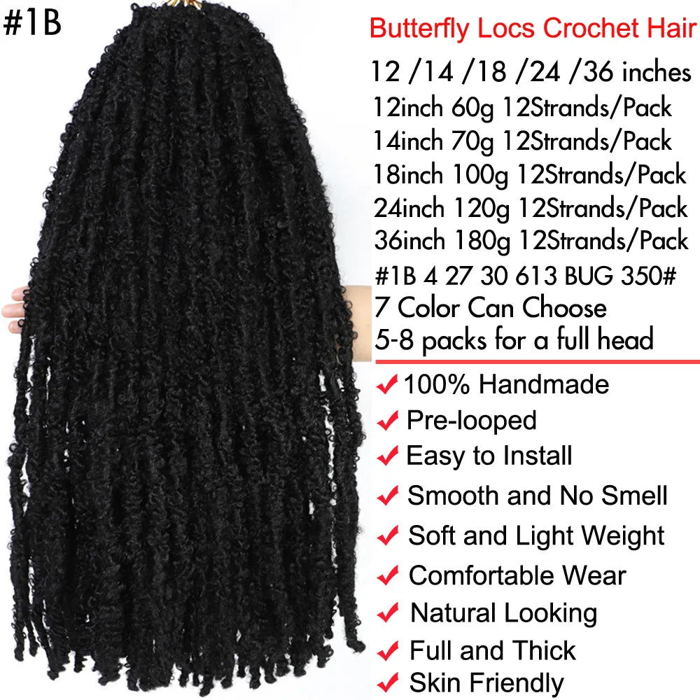1- 6Packs Butterfly Locs Crochet Hair 36 24 18 14 12inch Pre Twisted Natural Black Distressed Faux Locs Crochet Braids for Women