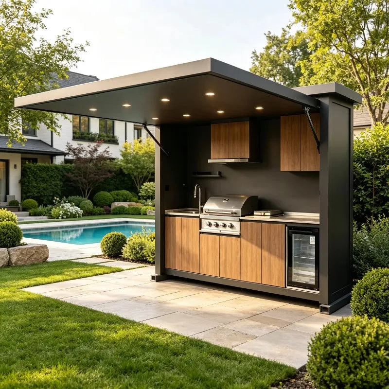 Luxury Outdoor Kitchen Island Set with Built-in Gas BBQ Grill, Pizza Oven & Storage Drawers Prefabricated Patio Cooking Station