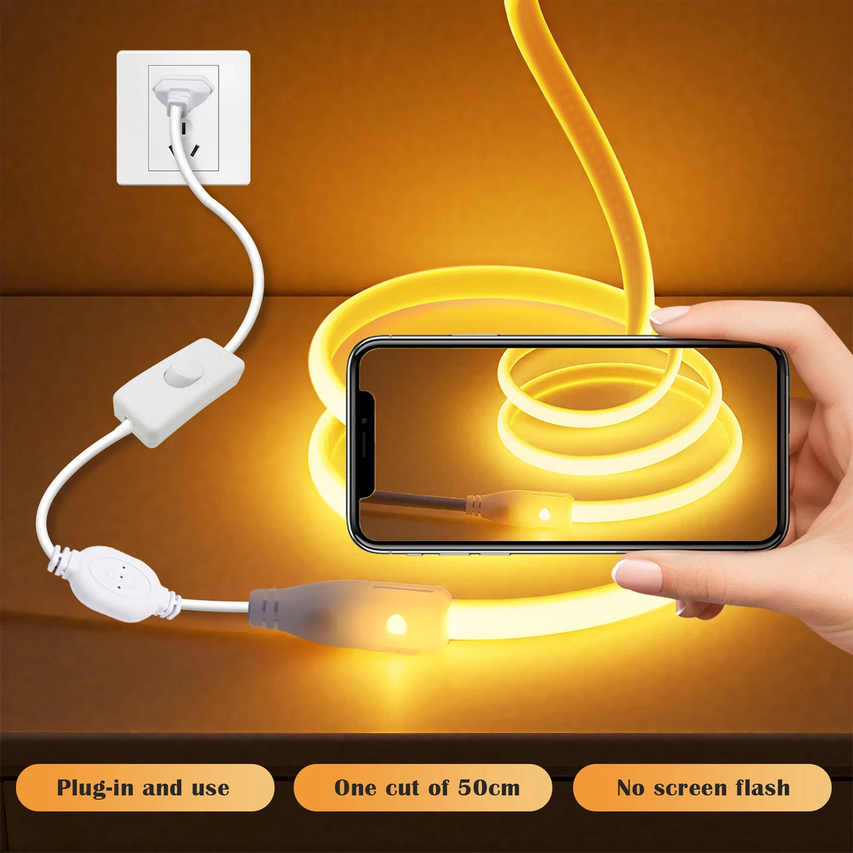 IP65 protection rating, COB LED light strip, 220V/230V voltage, flexible warm white/cool white/neon light strip, silicone LED light, suitable for indoor and outdoor use, bedrooms, patios, parties, DIY and home decorati