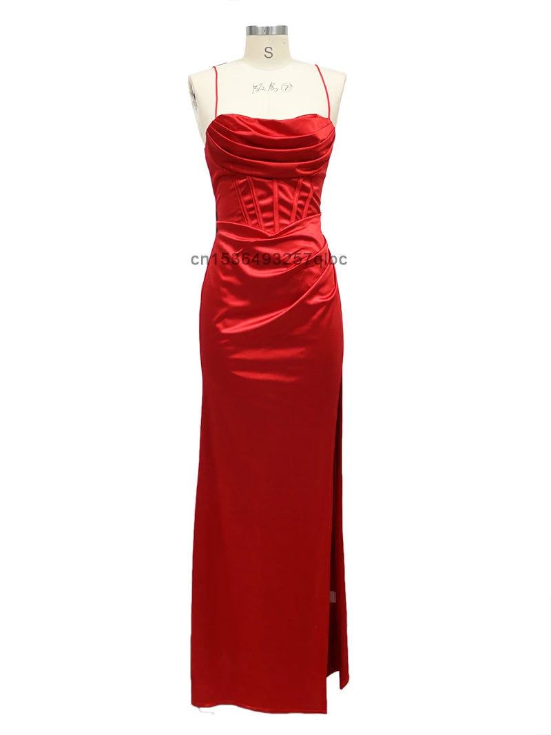 Red Sexy Backless Party Dresses for Woman Satin Long Dress Elegant Evening Birthday Maxi Dress Wholesale Item for Business