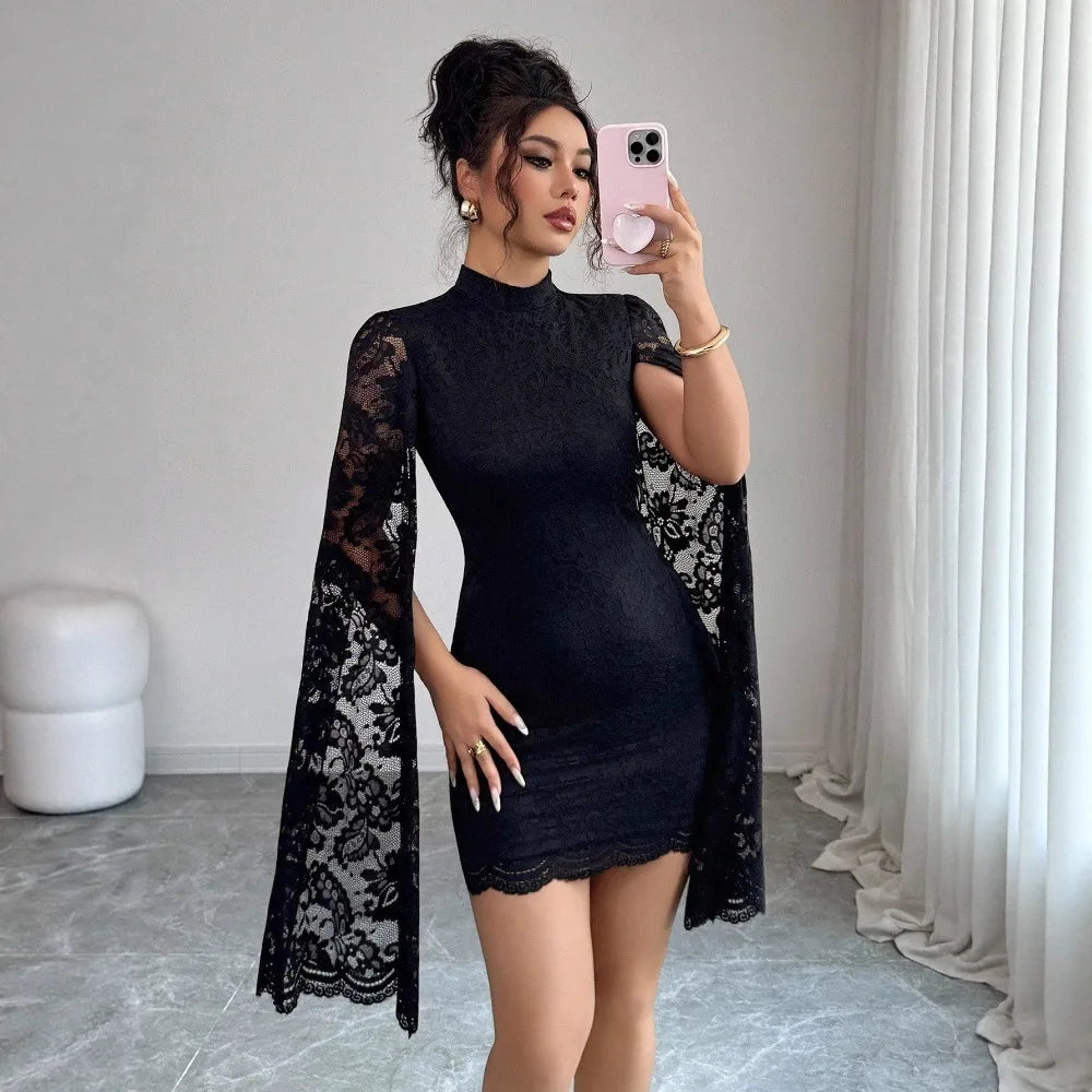 Women Sexy Long Sleeve Lace Dress 2026 Fall Winter, Mandarin Collar Side Slit Slim Midi Dress For Cocktail Dating Night Out