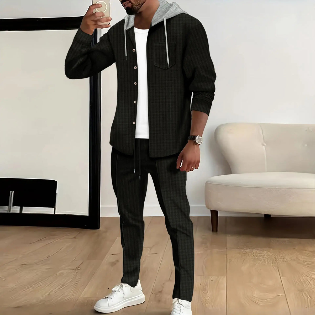 Men's American Autumn Waffle Casual Hooded Color-blocking Long-sleeved Cardigan Jacket And Trousers Set