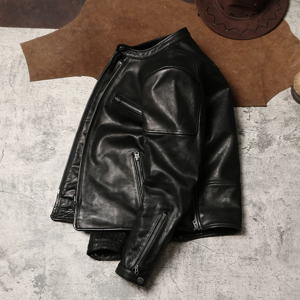 Black Winter Leather Jacket Men Sports Style Plus Size 5XL Genuine Natural Thick Cowhide Stand Collar Slim Fit Short Coat
