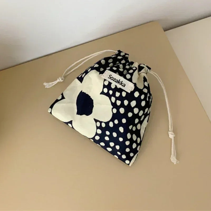 Kawaii Cloth Floral Drawstring Storage Bag Cosmetic Organizer for Women Makeup Handbags Wallet Small Pouch