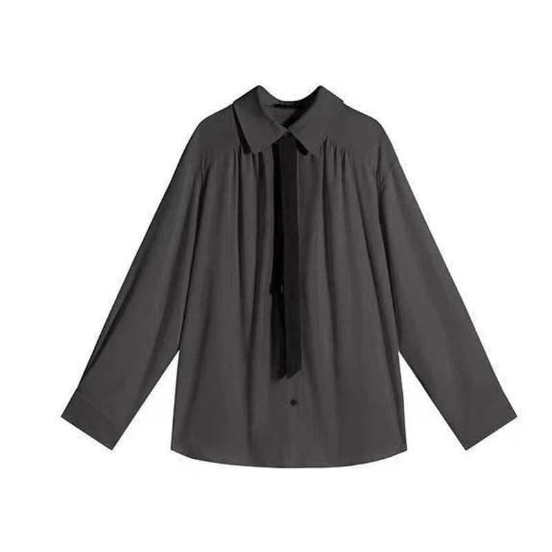 2025 Summer Preppy Style Long Sleeve Women Solid Color Tie Women Shirt Minimalist Button Up Oversize Tops Female Clothing