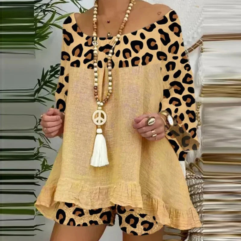Summer Vintage Leopard Patchwork Outfits Set Cotton Linen Shirt Tops And Loose Shorts Suit Casual 3/4 Sleeve Women Two Piece Set