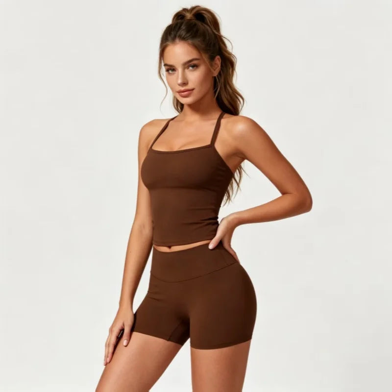 Yoga 2Pcs Women Naked Skin Set Thin Strap Beauty Back Tank High Waist Butt Lift Shorts Soft Breathable Gym Fitness Outfit