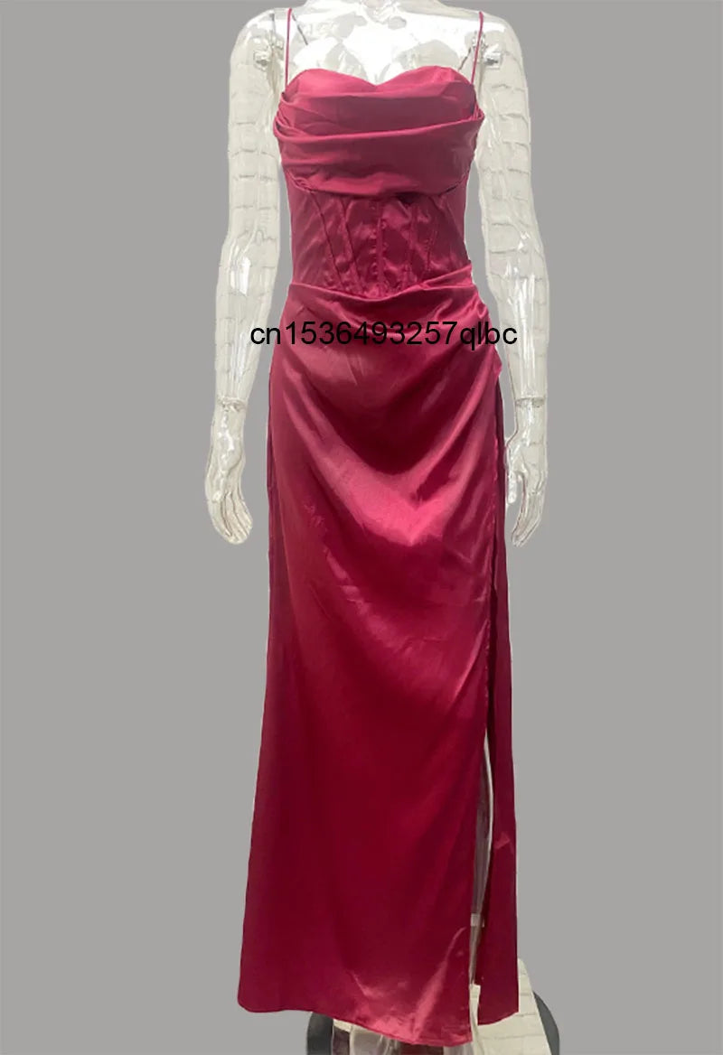 Red Sexy Backless Party Dresses for Woman Satin Long Dress Elegant Evening Birthday Maxi Dress Wholesale Item for Business