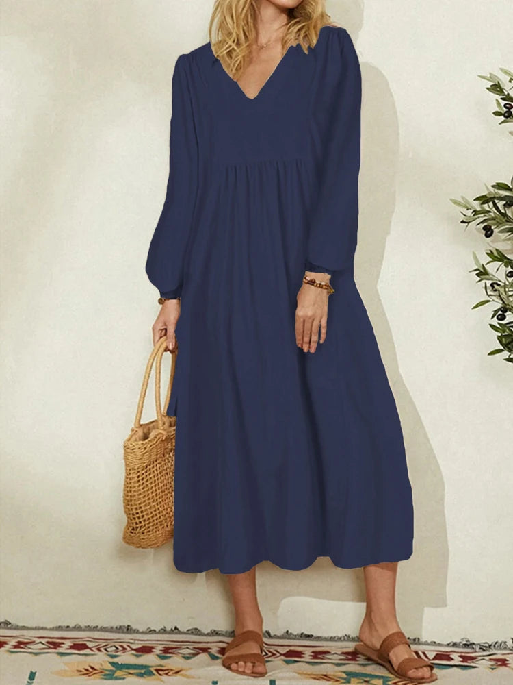 Plus Size  Spring/Fall New Arrival  Women's Cotton-Linen Blend Loose-Fit Bell-Sleeve Dress  Casual, Elegant for Everyday Wear