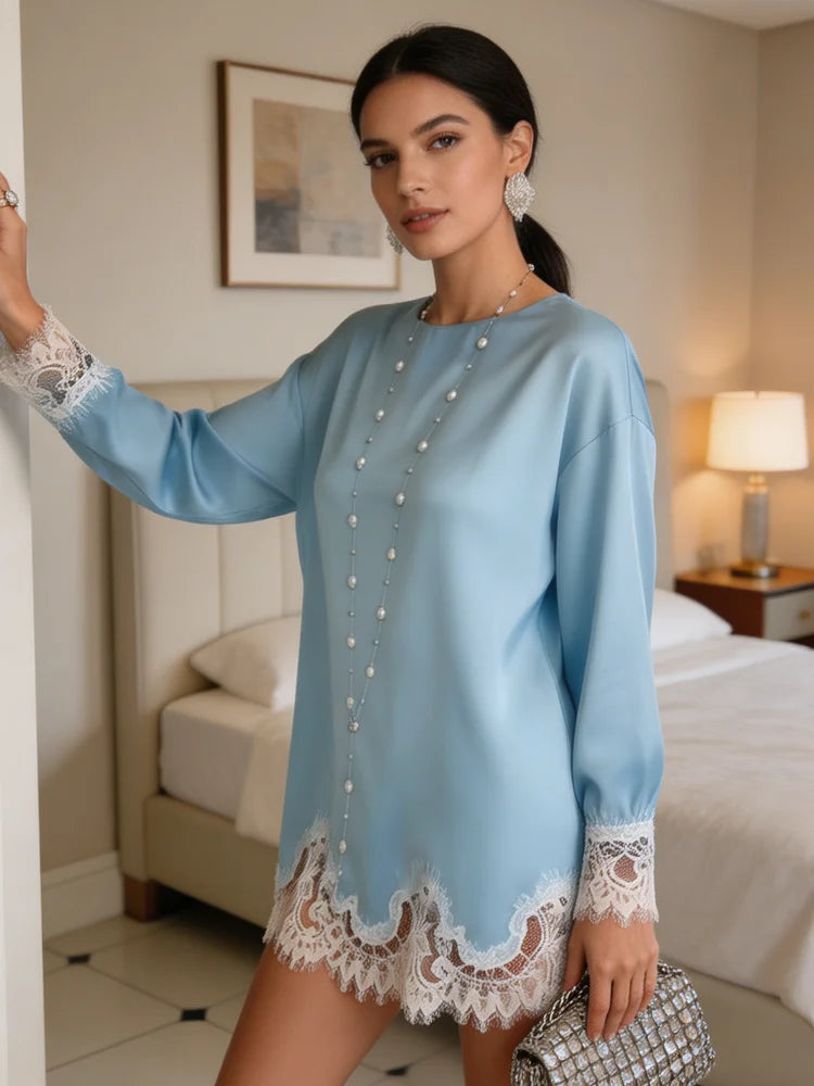 Satin Lace Patchwork Dress Women Long Sleeve O-neck Casual 2026 Spring Female Dresses Casual Solid Beach Robe not contain pearls