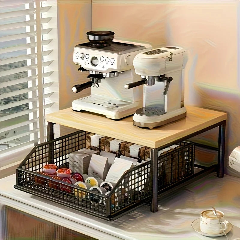 Space-Saving Kitchen Countertop Organizer with Drawer & Wire Basket - Sturdy Hardwood  Shelf for Coffee Maker.