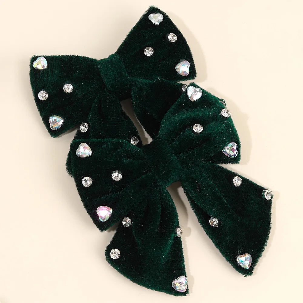Velvet Bow Hair Clips with Heart Rhinestone Detail, 2-Pack