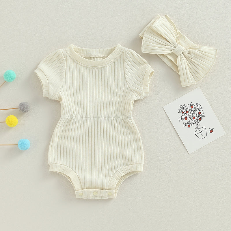 Newborn Baby Girl 2 Pcs Jumpsuits Clothing Suit Infant Summer Short Sleeve Knitted Romper with Bow Headband Set Toddler Clothes