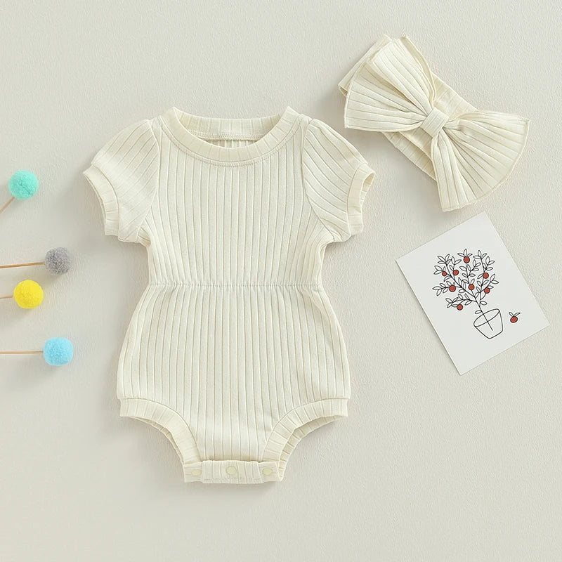 Newborn Baby Girl 2 Pcs Jumpsuits Clothing Suit Infant Summer Short Sleeve Knitted Romper with Bow Headband Set Toddler Clothes