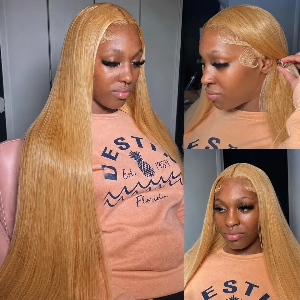 13x6 27# Honey Blonde Colored Human Hair Frontal Wigs Straight 200% 13x6 HD Transparent Lace Front Human Hair Wigs For Women