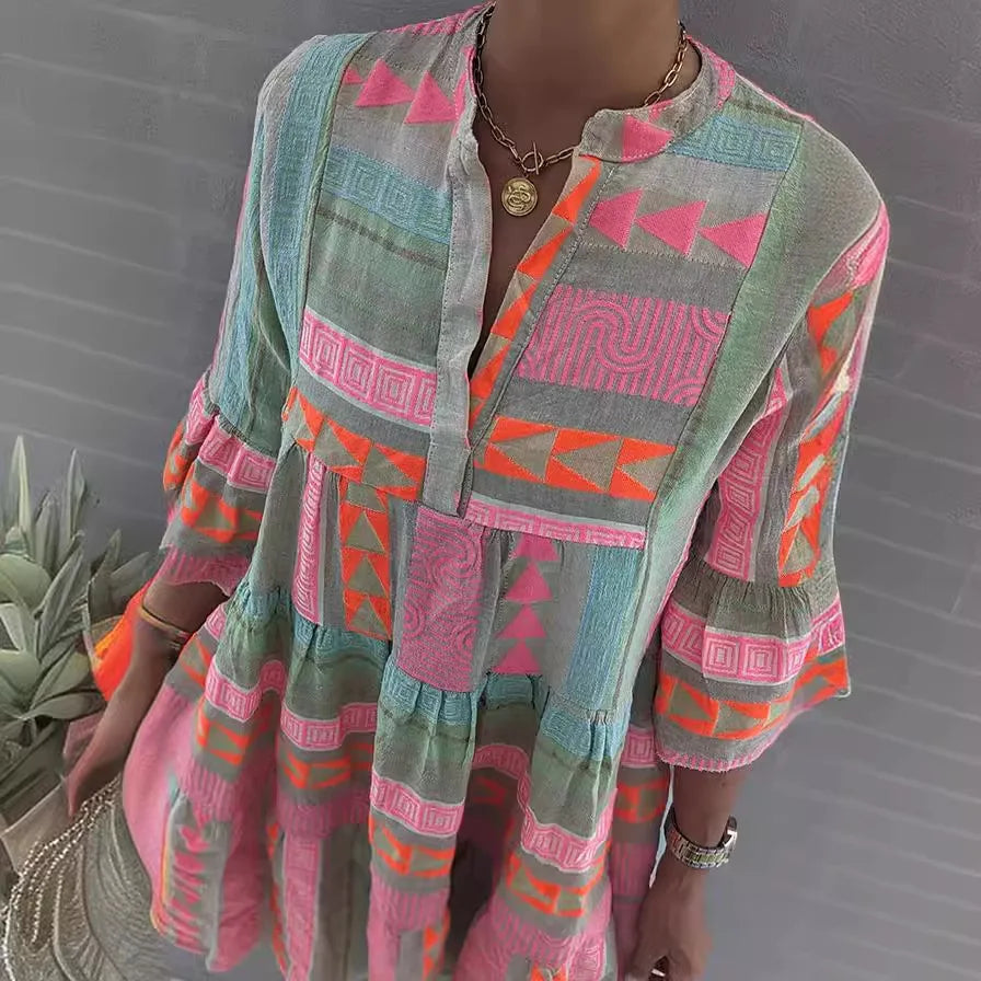 2026 Women Dresses V Neck Three Quarter Sleeve Pullover Dress Print Floral Vestidos Knee Length Loose Fit Casual Summer