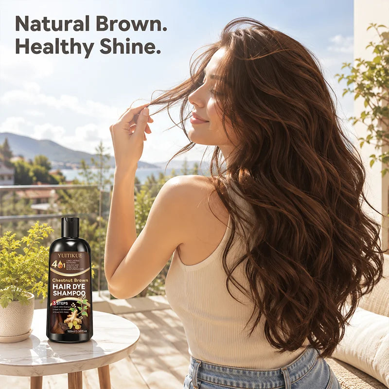YUITIKUE 4 IN1 Chestnut Brown Hair Dye Shampoo Shine Color Moisturizing Care Long Lasting No Fading Healthy Hair 100ml