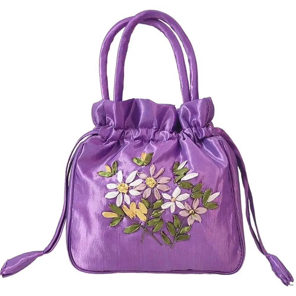 Retro Elegant Satin Silk Embroidery Totes for Women Floral Drawstring Handbag Hanfu Woman Purse Wallet Small Tote Bags