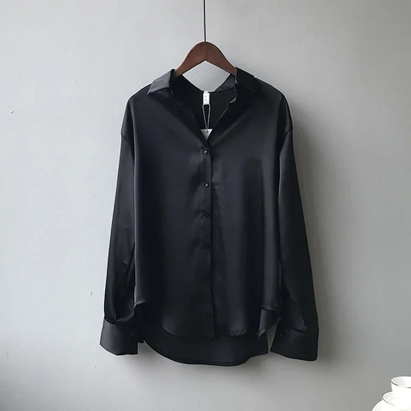 Fall Turn-down Collar Elegant Satin Loose Women Shirt 2026 Plus Size Blouse Autumn Vintage Casual Button Silk Tops