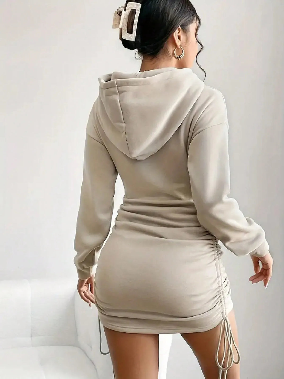 Women's Casual Long Sleeve Hooded Dress Solid Color Pattern Short Outdoor Wear for Daily Use