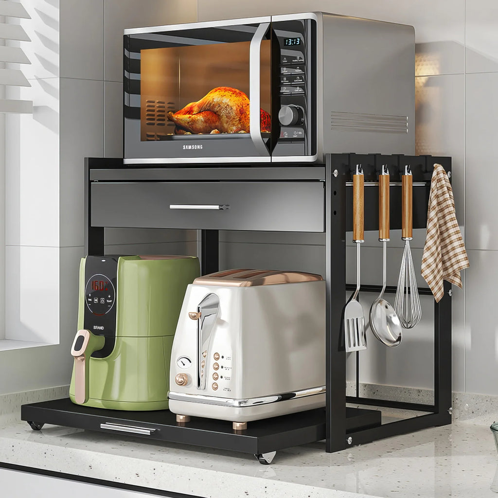 2 Tier Microwave Stand with Storage Drawer, Kitchen Countertop Organiser with Utensil Hooks, Storage Shelf for Oven & Air Fryer