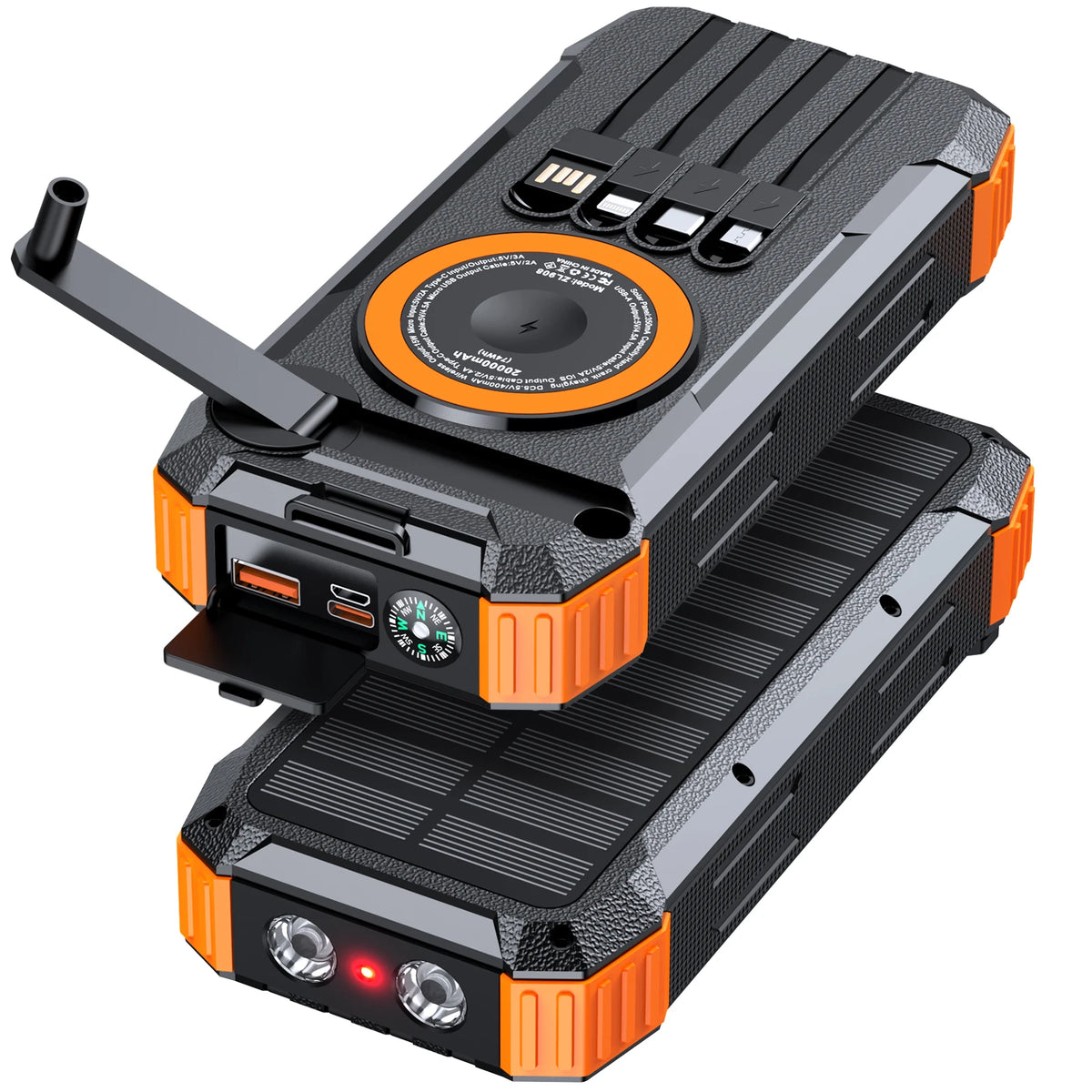 Hand Crank Generator Solar Power Bank High Capacity, Wireless Charger with 4 Built-in Cables, , LED Light for Outdoor Emergency