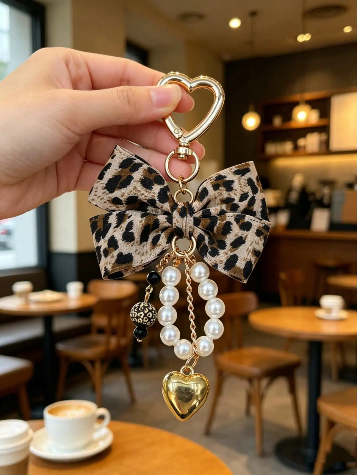 Leopard Print Bow Keychain Heart Pendant Women's Bag Simple Charm Pearl Keychain Beaded Charm Gift For Women